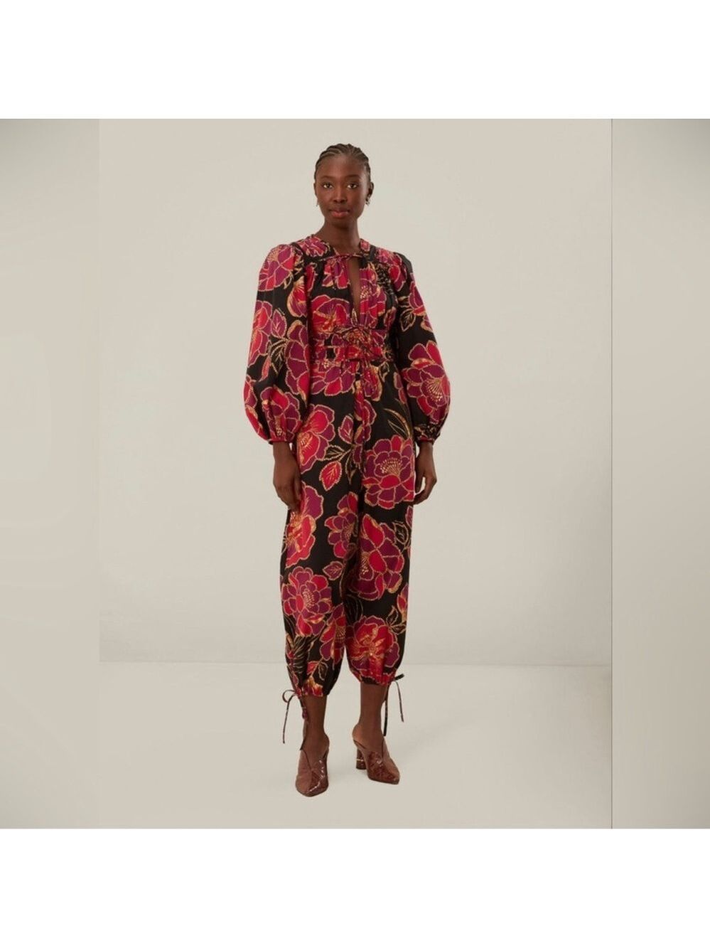 Farm Rio Black Shiny Chita Long Sleeve V Neckline Jumpsuit